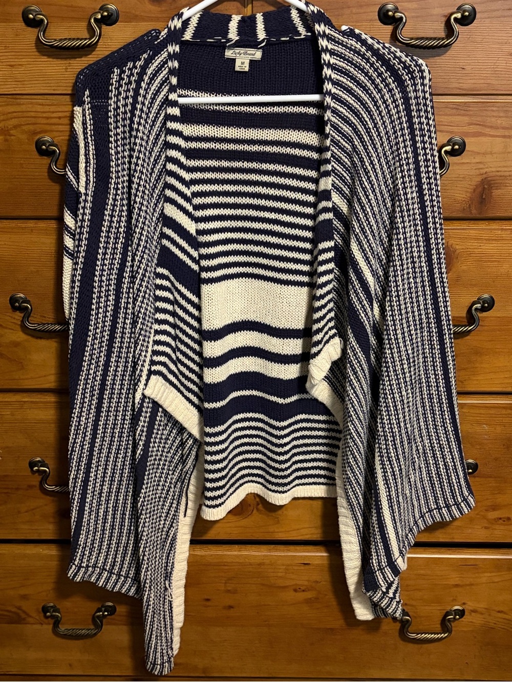 Lucky Brand Navy and White Striped Open Front Sweater